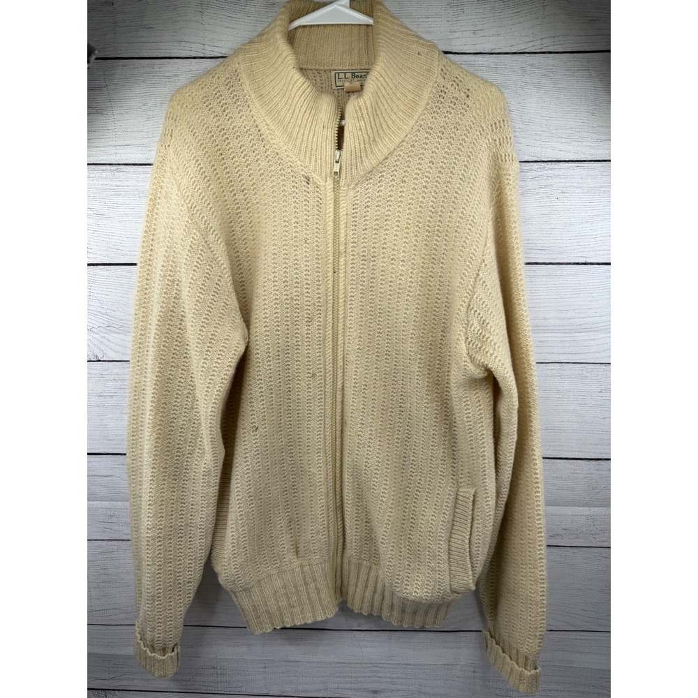Vintage LL Bean Mens L 100% Wool Sweater Full Zip Tan Grandpa 90s Fisherman‎